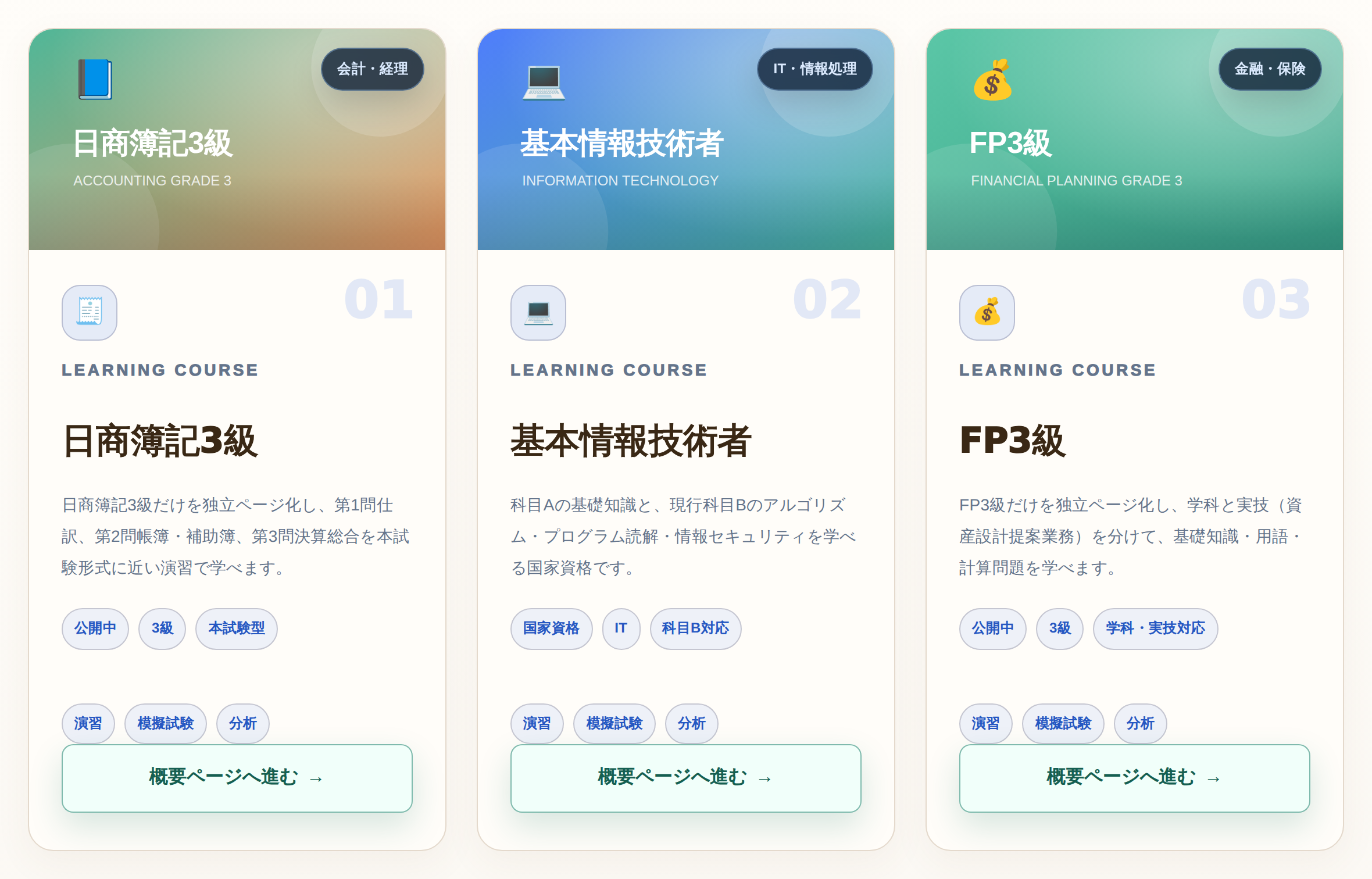 資格カードから概要ページへ進む画面例